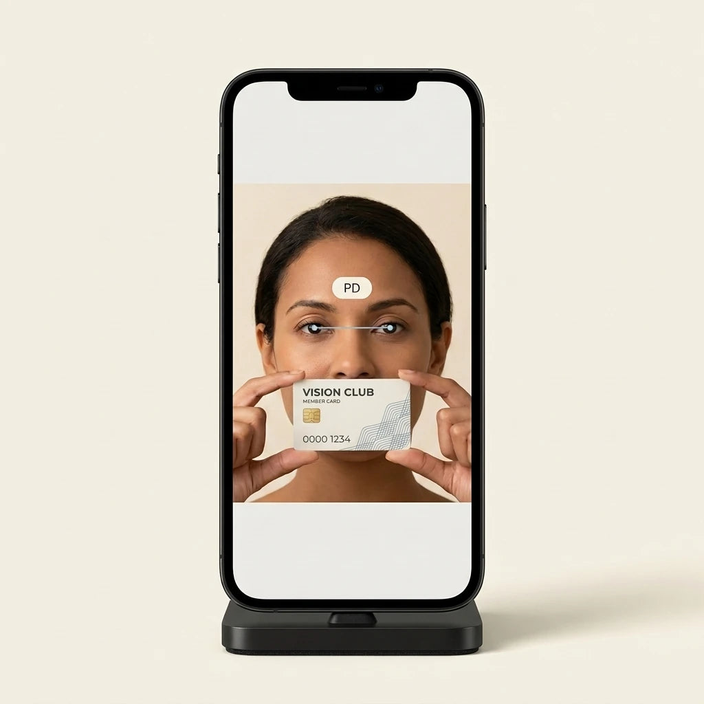 Illustration of online PD measurement on a phone, with pupil markers and a standard membership card held over the mouth.